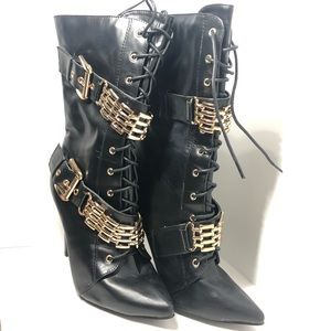 Black lace up heeled booties w/ gold hardware NWOT